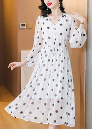 Women White V Neck Print Drawstring Chiffon Dress Lantern Sleeve