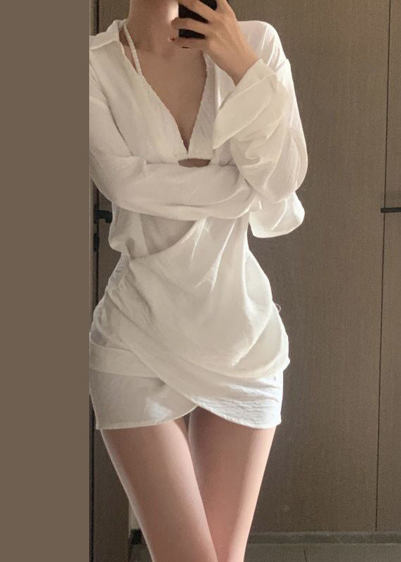 Women White V Neck Solid Shirts Dress Spring