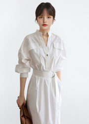 Women White V Neck Tie Waist Cotton Shirts Dress Fall