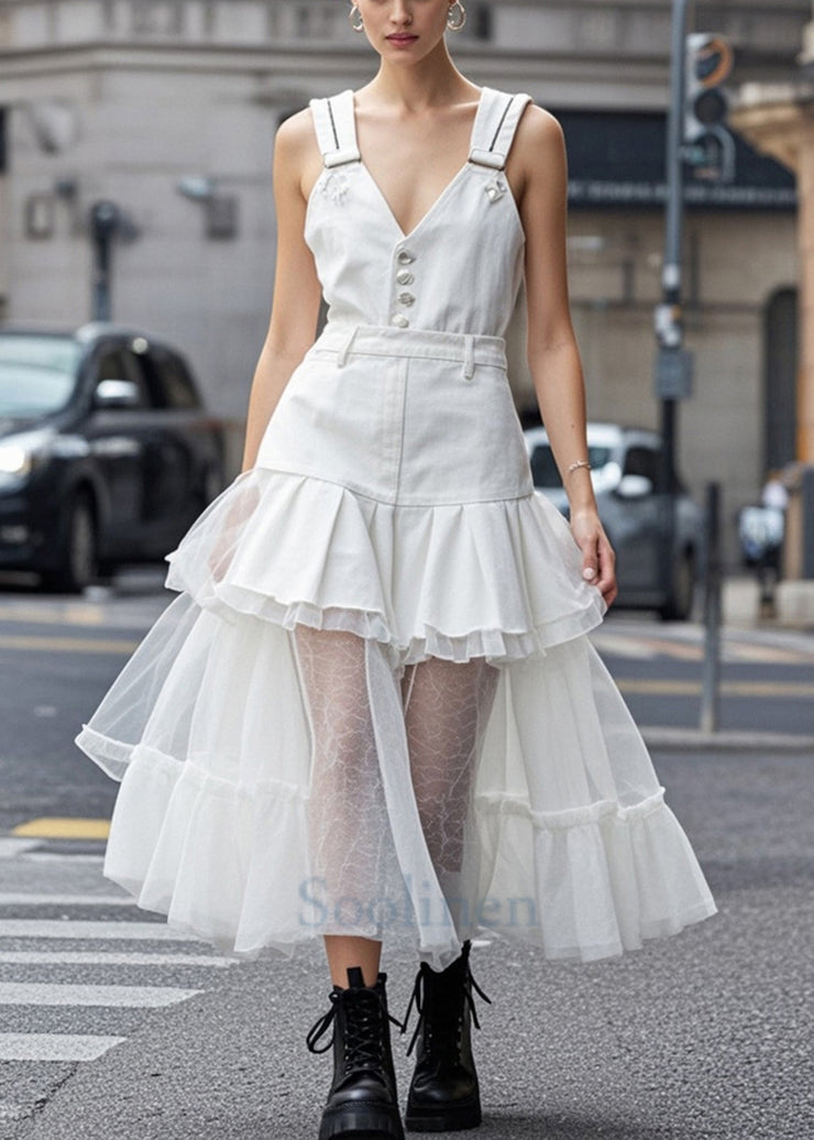 Women White V Neck Tulle Patchwork Denim Dress Summer