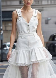 Women White V Neck Tulle Patchwork Denim Dress Summer