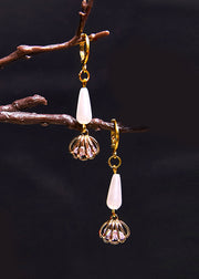 Women White Water Droplet Pearl Tassels Bud Drop Earrings
