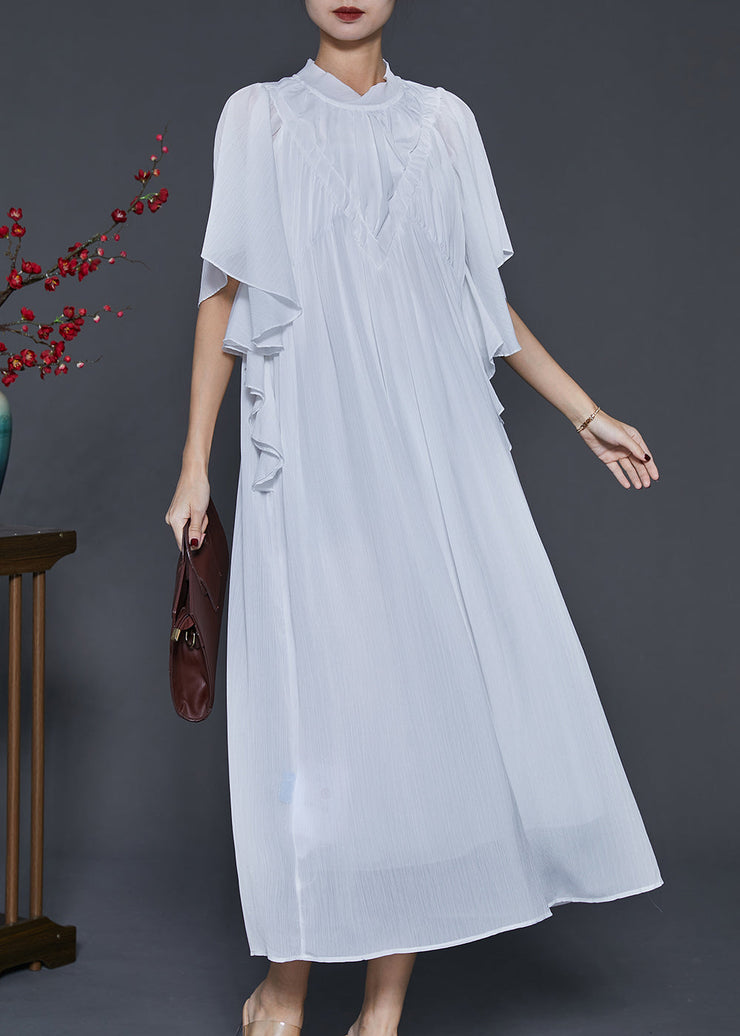 Women White Wrinkled Chiffon Long Dresses Butterfly Sleeve