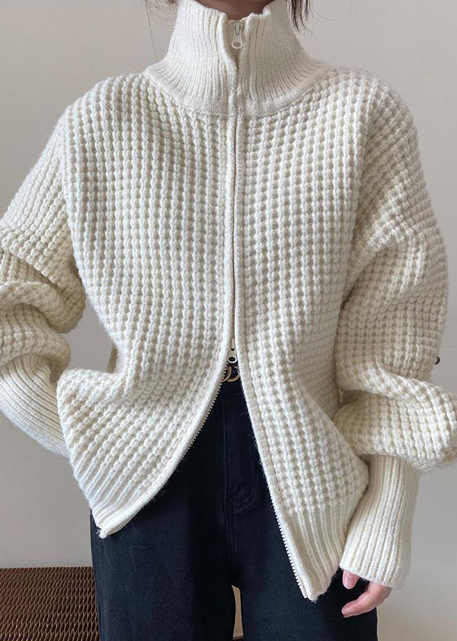 Women White Zip Up Plaid Solid Knit Coat Spring