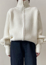 Women White Zip Up Plaid Solid Knit Coat Spring