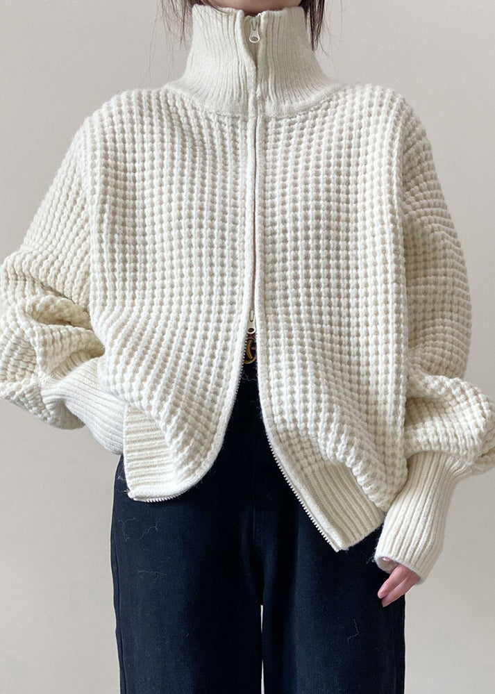 Women White Zip Up Plaid Solid Knit Coat Spring