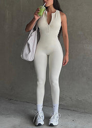 Women White Zippered One Piece Workout Suit Gym Shark Leggings