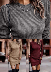 Women Wine Red Cozy High Waist Knit Dresses Fall