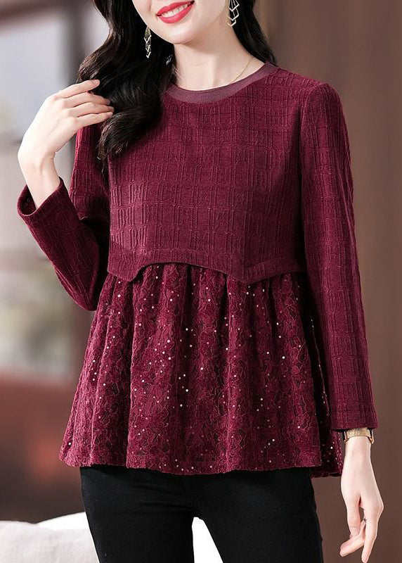 Women Wine Red Lace Patchwork Knit Top Long Sleeve