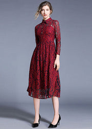 Women Wine Red Peter Pan Collar Hollow Out Lace Dresses Summer