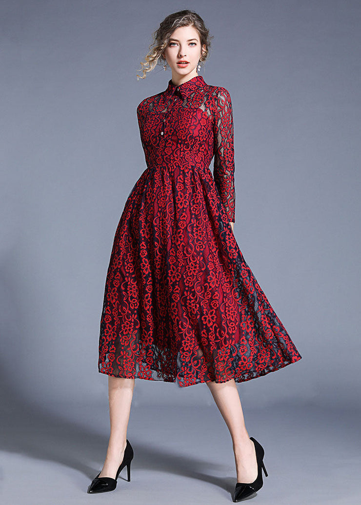 Women Wine Red Peter Pan Collar Hollow Out Lace Dresses Summer