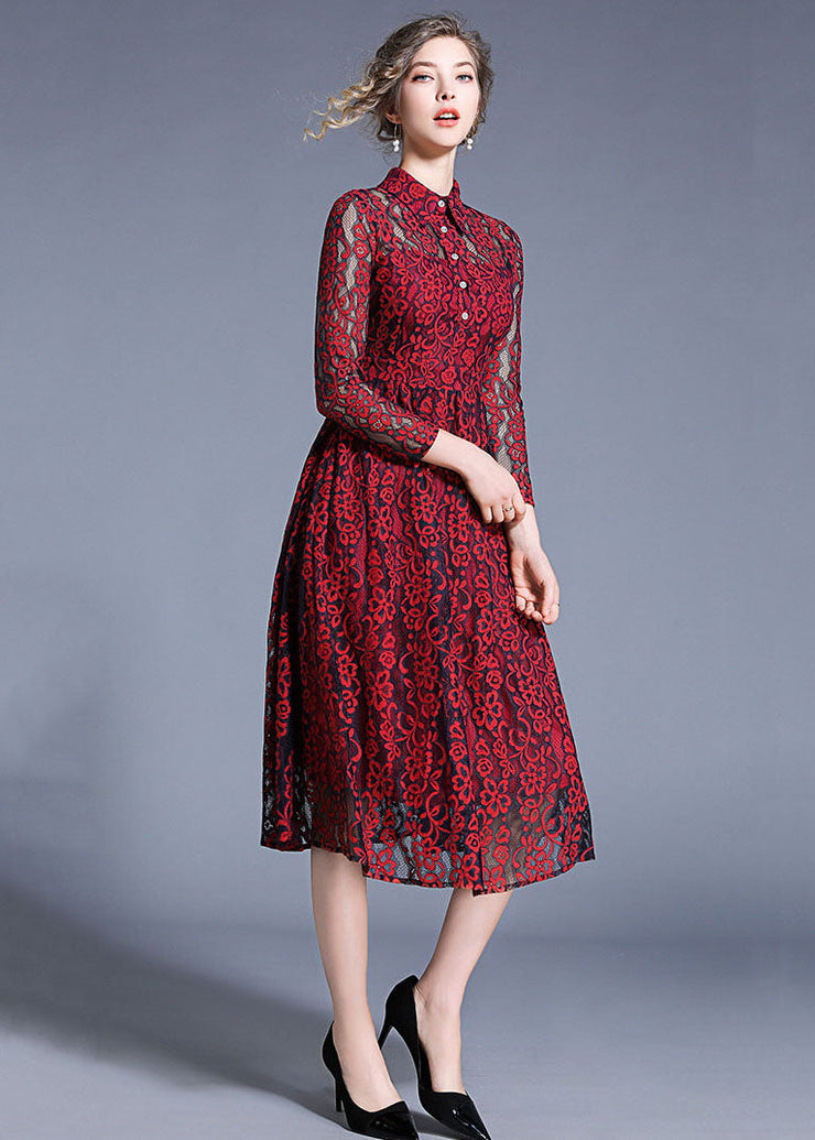 Women Wine Red Peter Pan Collar Hollow Out Lace Dresses Summer