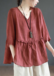 Women Wine Red Ruffled Side Open Patchwork Linen Shirts Summer