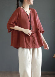 Women Wine Red Ruffled Side Open Patchwork Linen Shirts Summer