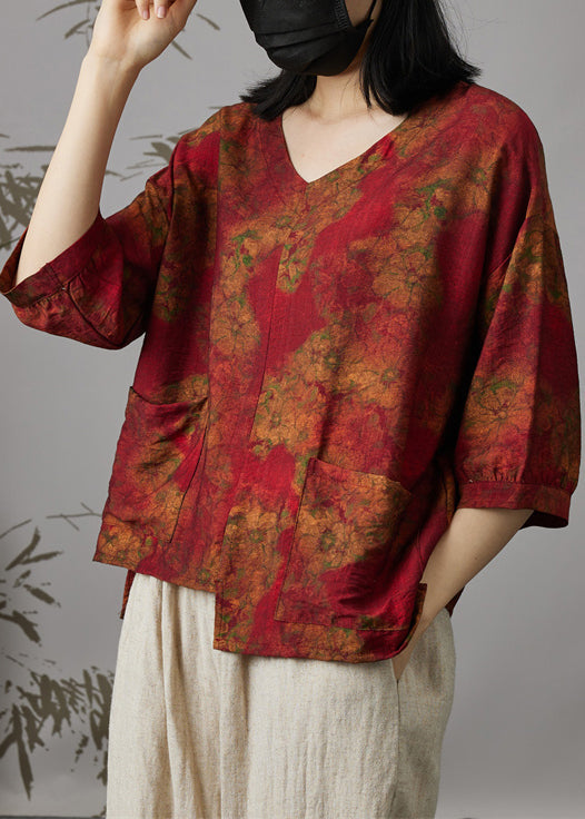 Women Wine Red V Neck Print Patchwork Cotton Top Summer