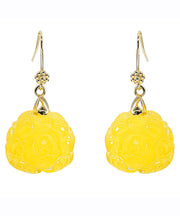 Women Yellow 14K Gold Amber Beeswax Floral Drop Earrings