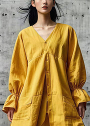 Women Yellow Asymmetrical Design Cotton Shirt Dresses Fall