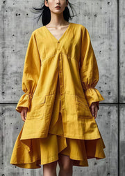 Women Yellow Asymmetrical Design Cotton Shirt Dresses Fall