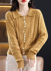 Women Yellow Button Hollow Out Knit Sweater Spring