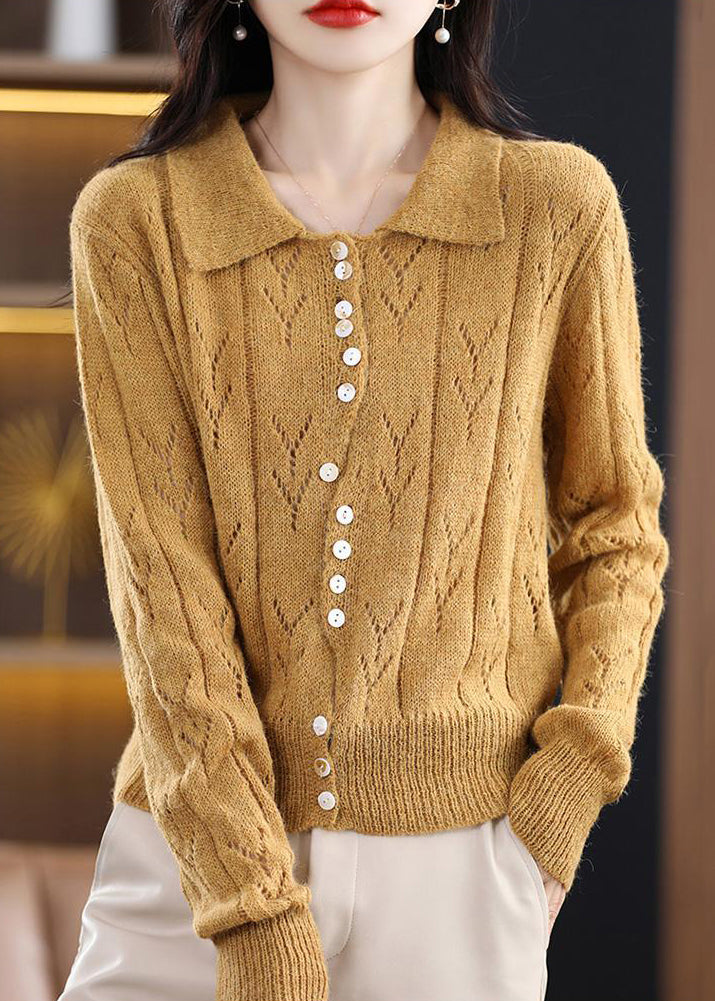 Women Yellow Button Hollow Out Knit Sweater Spring