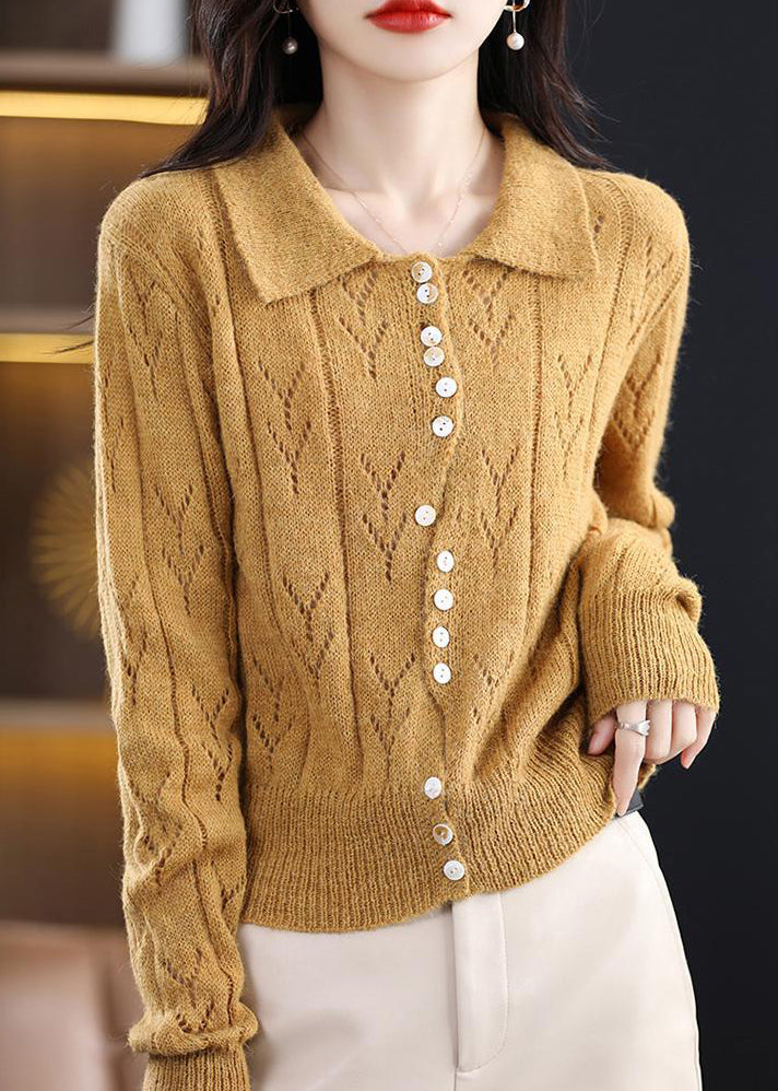 Women Yellow Button Hollow Out Knit Sweater Spring