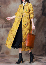 Women Yellow Chinese Button Print Cotton Filled Coat Long Sleeve