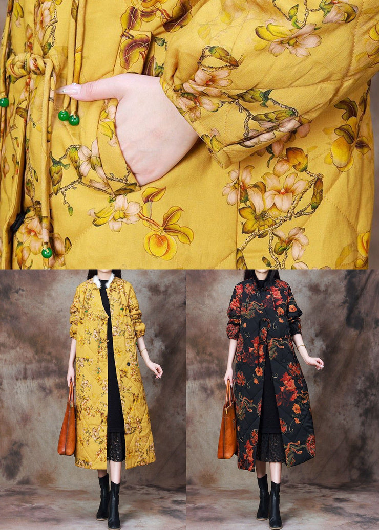 Women Yellow Chinese Button Print Cotton Filled Coat Long Sleeve