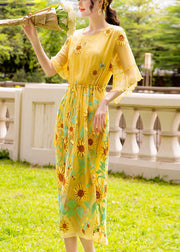 Women Yellow Daisy Embroideried Tie Waist Silk Vacation Dresses Flare Sleeve