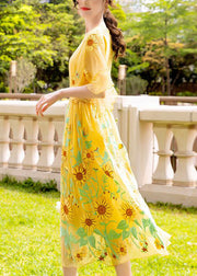 Women Yellow Daisy printing Tie Waist Silk Vacation Dresses Flare Sleeve