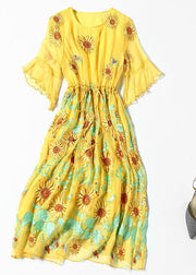 Women Yellow Daisy printing Tie Waist Silk Vacation Dresses Flare Sleeve