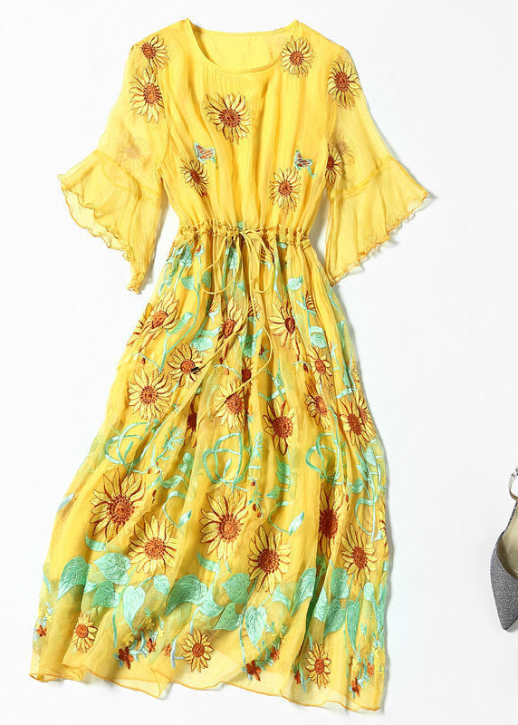 Women Yellow Daisy Embroideried Tie Waist Silk Vacation Dresses Flare Sleeve