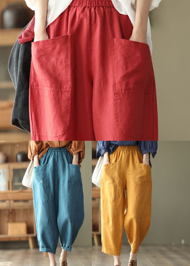 Women Yellow Elastic Waist Pockets Linen Harem Pants Spring