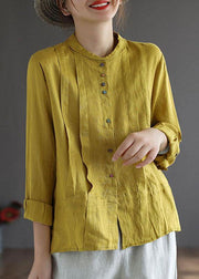 Women Yellow Elegant Button Fall Top Long Sleeve Linen - SooLinen