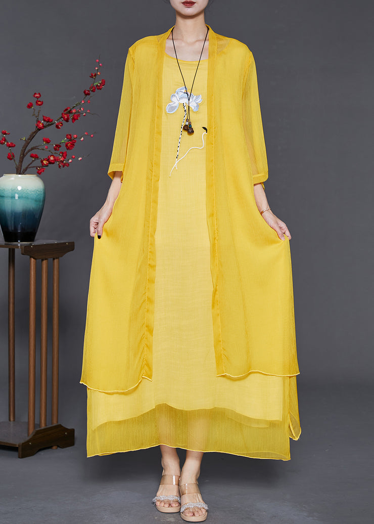 Women Yellow Embroidered Chiffon Two Pieces Set Summer