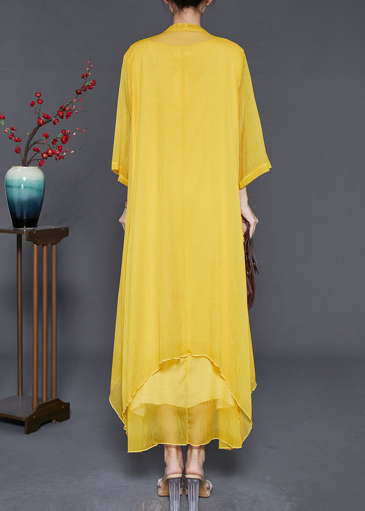 Women Yellow Embroidered Chiffon Two Pieces Set Summer