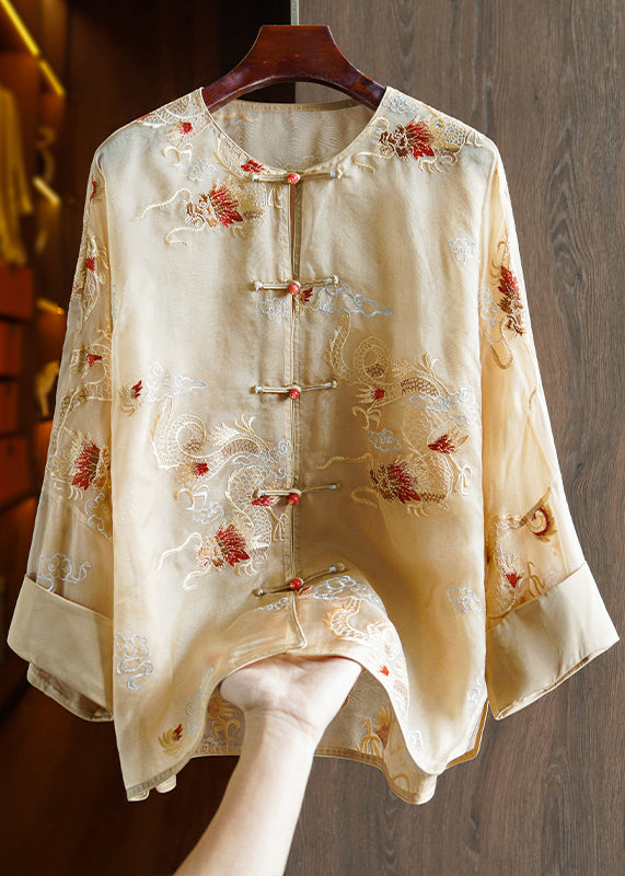 Women Yellow Embroidered Oriental Button Silk Organza Shirts Top Spring