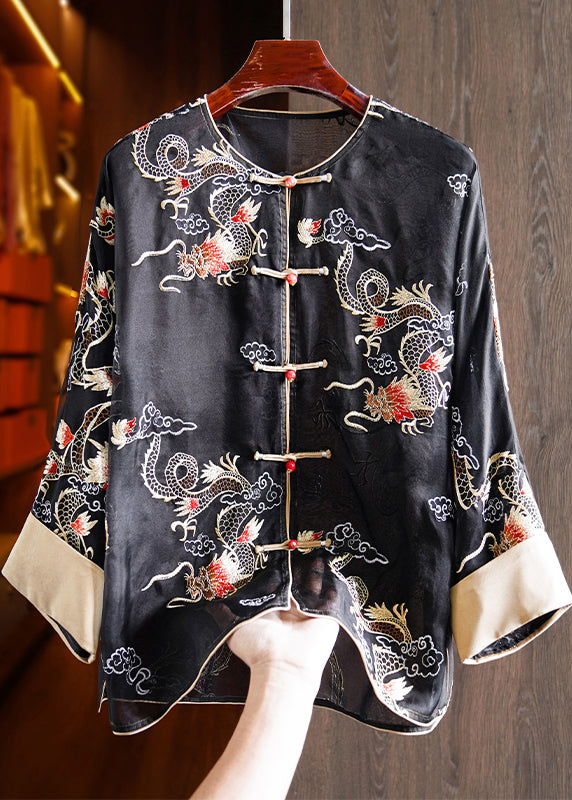 Women Yellow Embroidered Oriental Button Silk Organza Shirts Top Spring