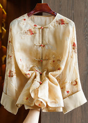 Women Yellow Embroidered Oriental Button Silk Organza Shirts Top Spring