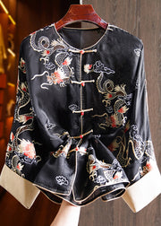 Women Yellow Embroidered Oriental Button Silk Organza Shirts Top Spring