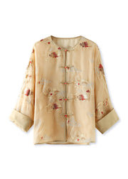 Women Yellow Embroidered Oriental Button Silk Organza Shirts Top Spring