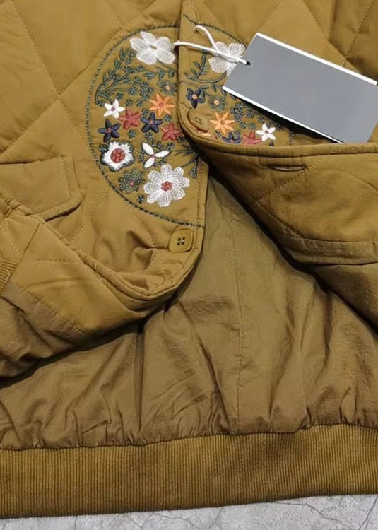 Women Yellow Embroidered Pockets Fine Cotton Filled Coats Spring