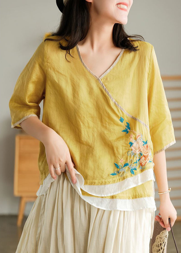 Women Yellow Embroideried Lace Up Linen T Shirt Half Sleeve