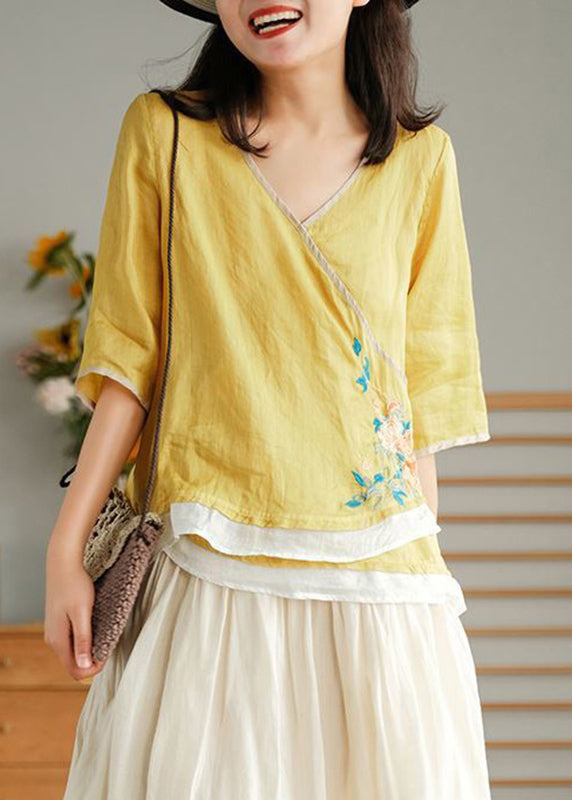 Women Yellow Embroideried Lace Up Linen T Shirt Half Sleeve