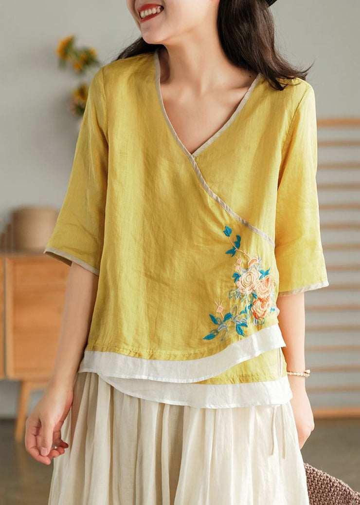 Women Yellow Embroideried Lace Up Linen T Shirt Half Sleeve