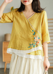 Women Yellow Embroideried Lace Up Linen T Shirt Half Sleeve