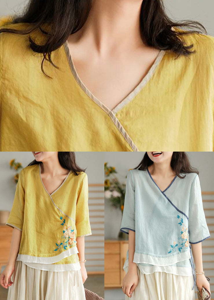 Women Yellow Embroideried Lace Up Linen T Shirt Half Sleeve