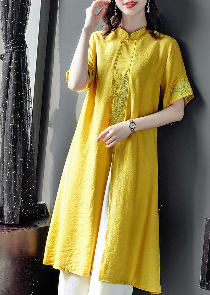 Women Yellow Embroideried Side Open Linen Two Piece Set Spring