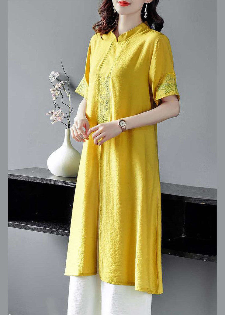 Women Yellow Embroideried Side Open Linen Two Piece Set Spring