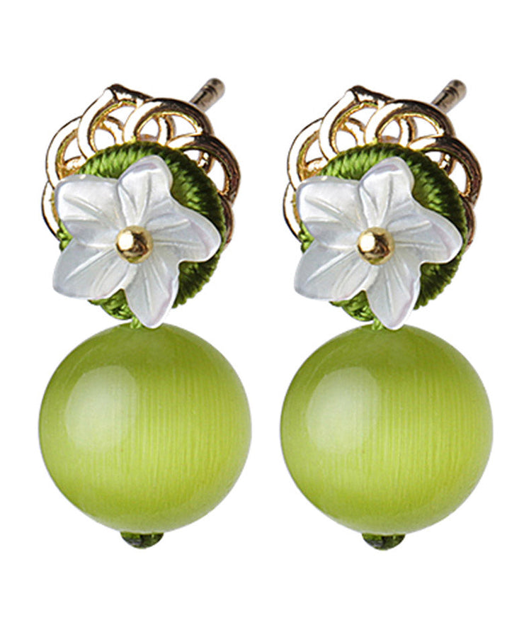 Women Yellow Green Shell Flower Cymophanite Drop Earrings