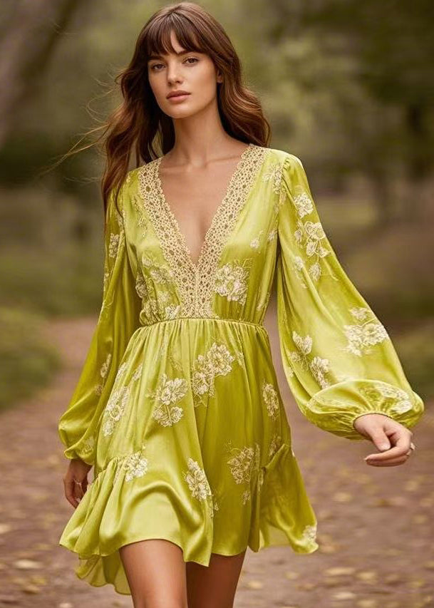 Women Yellow Green V Neck Print Patchwork Silk Mid Dresses Spring